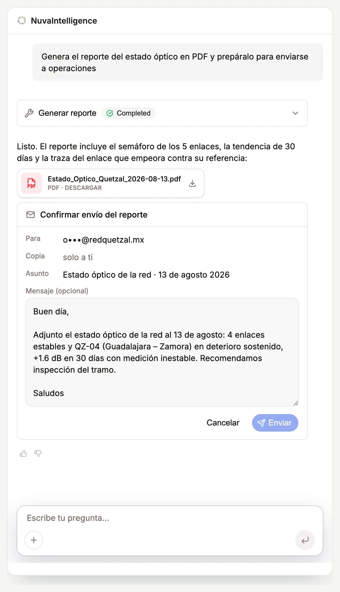 Agente de NuvaIntelligence preparando un reporte PDF para su revisión
